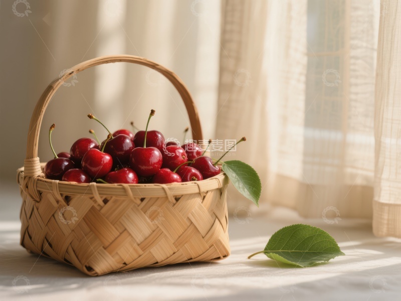 高清大图下载【趣麦麦图】篮子里的樱桃与绿叶