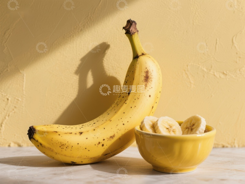 高清大图下载【趣麦麦图】香蕉与切片，黄色背景静物