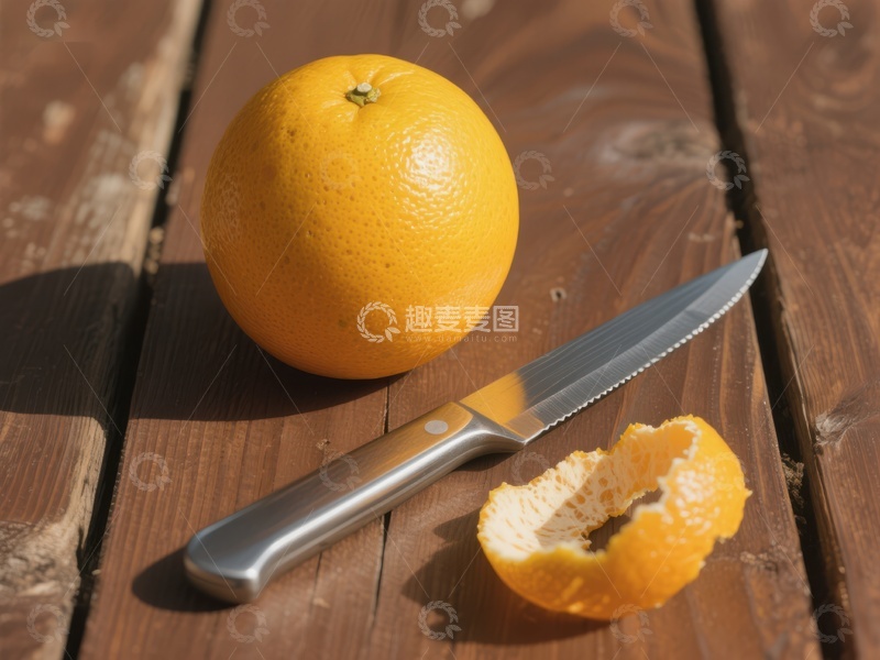 高清大图下载【趣麦麦图】-橙子与刀具，木质桌面上的简单生活