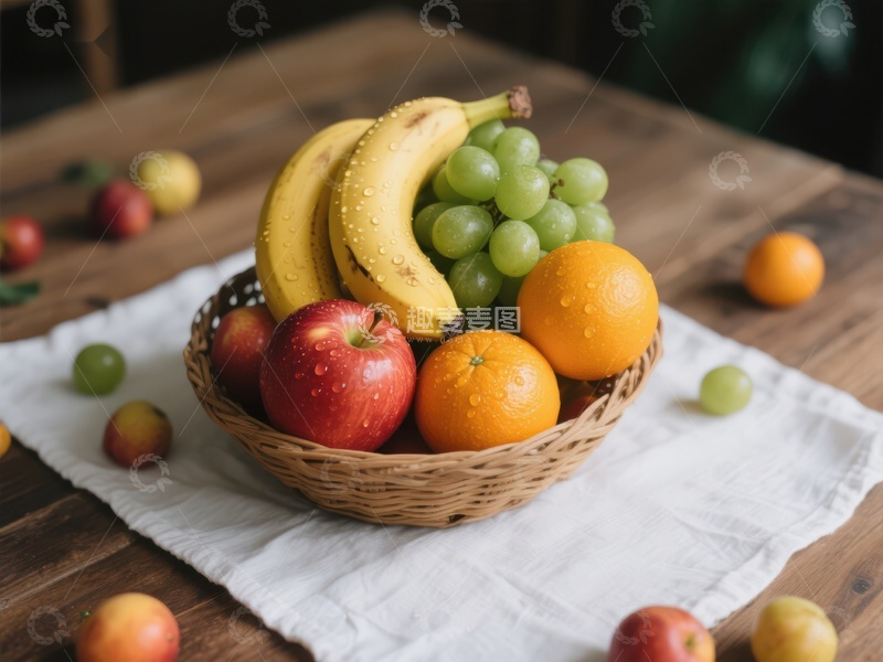 高清大图下载【趣麦麦图】新鲜水果篮，包含香蕉、苹果和橙子