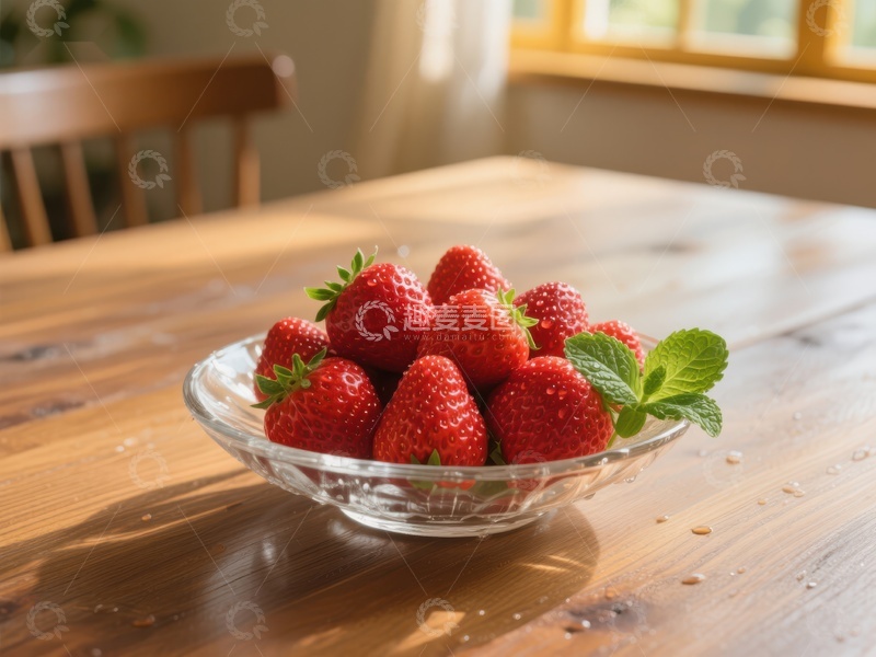高清大图下载【趣麦麦图】新鲜草莓置于透明碗中，桌上摆放