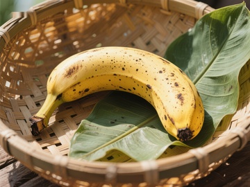 熟透香蕉置于竹篮绿叶之上
