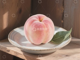 新鲜桃子置于木质背景的盘中