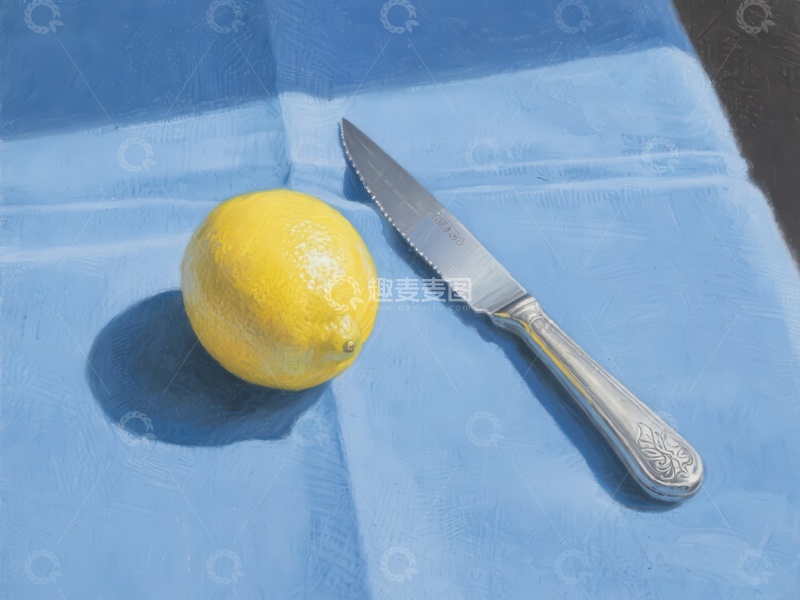 高清大图下载【趣麦麦图】柠檬与刀置于蓝色布上