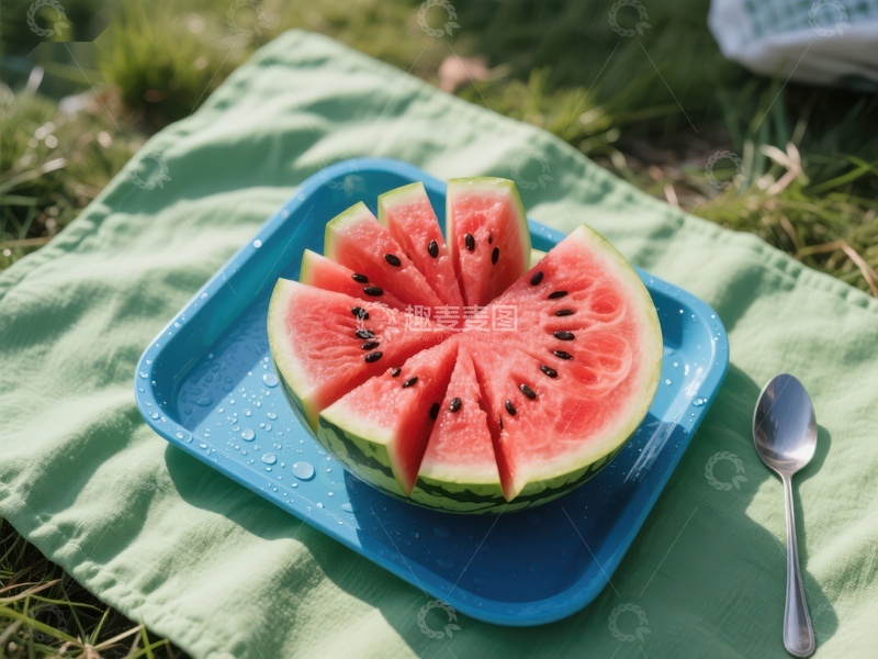 高清大图下载【趣麦麦图】切片西瓜置于蓝色托盘上
