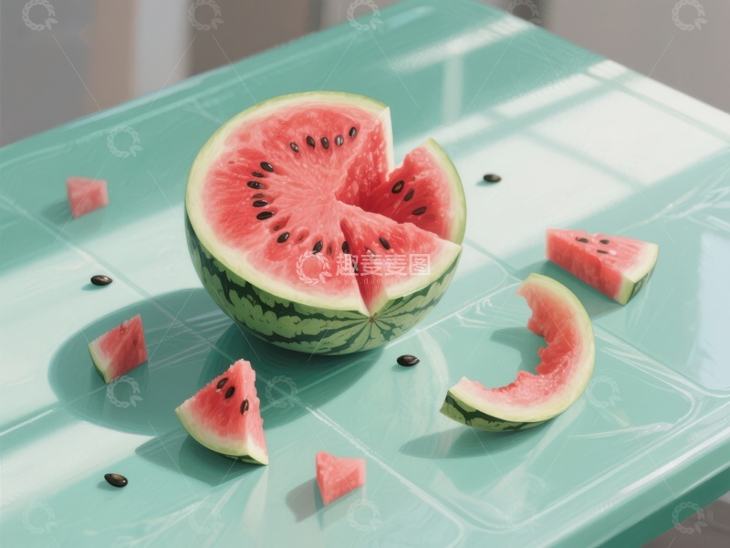 高清大图下载【趣麦麦图】切开的西瓜放在浅蓝色桌面上