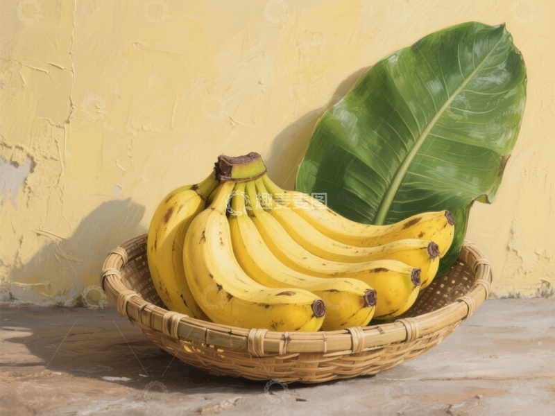 高清大图下载【趣麦麦图】篮中香蕉与绿叶的静物组合