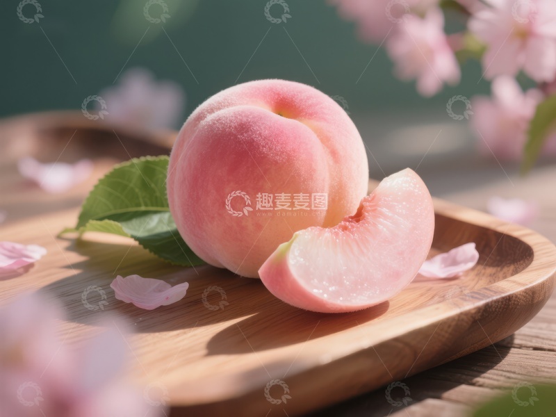 高清大图下载【趣麦麦图】新鲜桃子与花瓣的静谧组合