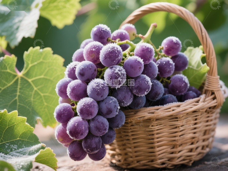 高清大图下载【趣麦麦图】篮中紫葡萄，晨露晶莹