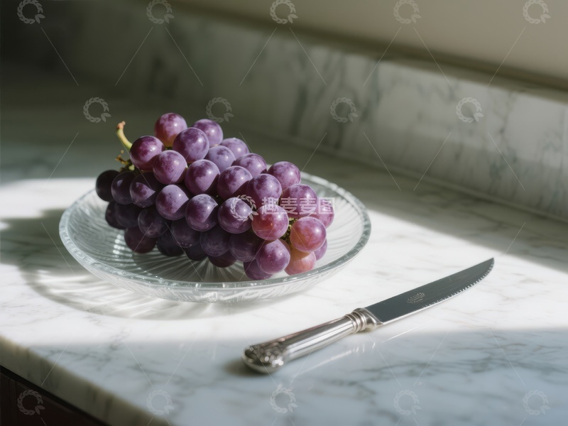高清大图下载【趣麦麦图】盘中紫葡萄与阳光下的刀具