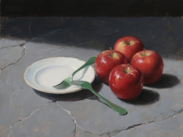 静物画：红苹果与盘叉