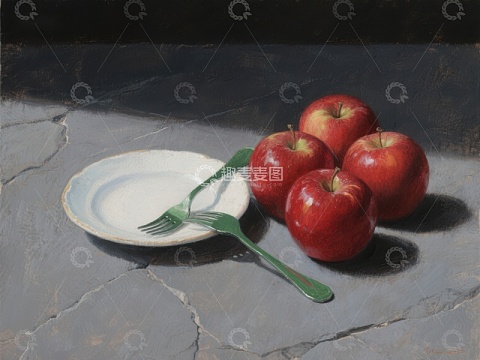 静物画：红苹果与盘叉