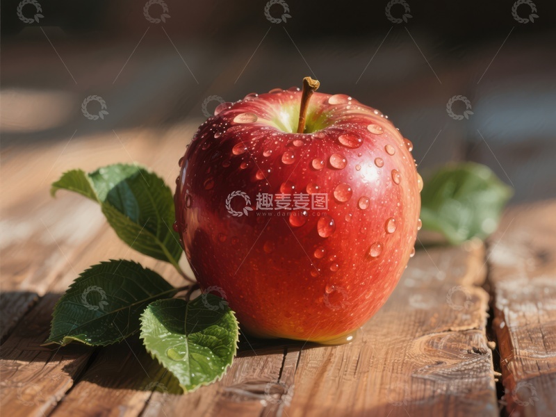 高清大图下载【趣麦麦图】带露水的红苹果静置于木板上