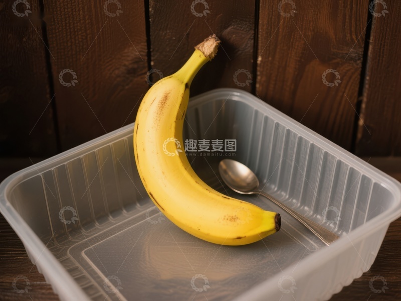 高清大图下载【趣麦麦图】香蕉与勺子置于塑料盒中