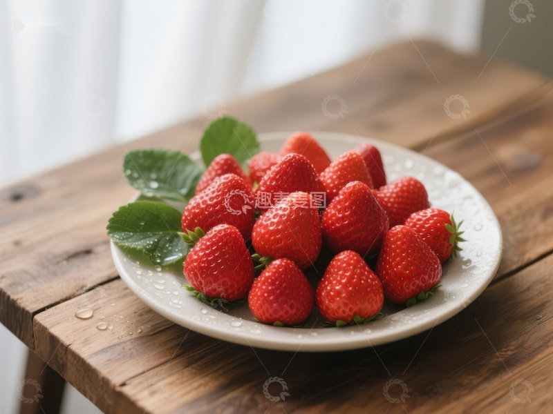 高清大图下载【趣麦麦图】新鲜草莓盛放在白色盘中