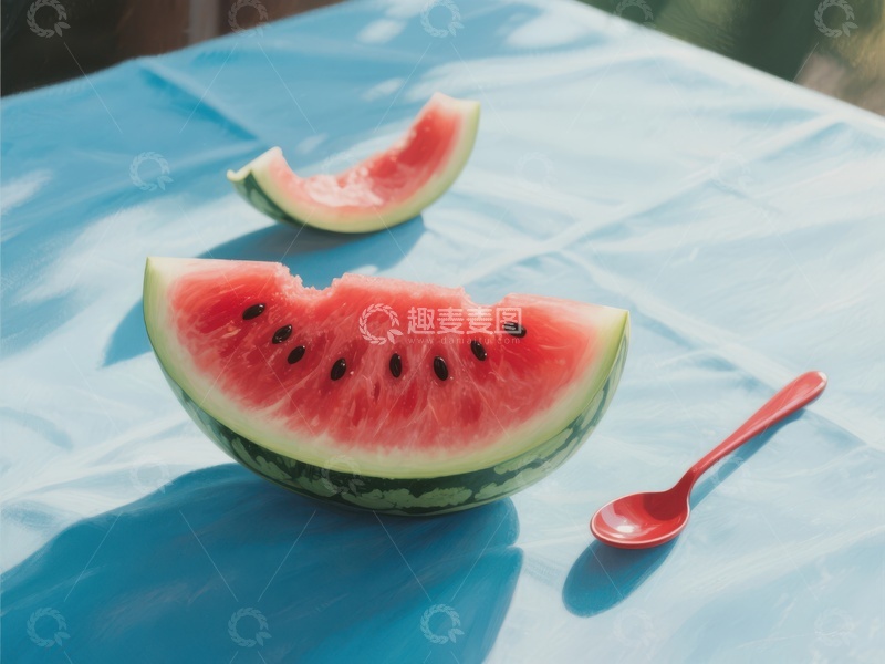 高清大图下载【趣麦麦图】切开的西瓜与红色勺子