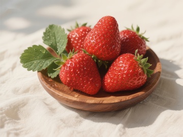 新鲜草莓置于木质小碗中