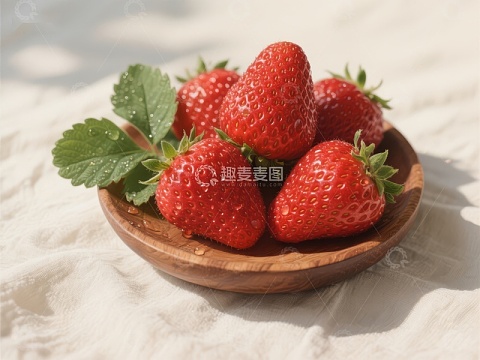 新鲜草莓置于木质小碗中