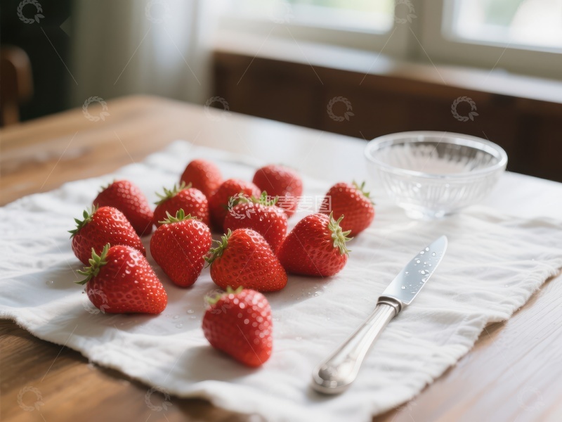 高清大图下载【趣麦麦图】新鲜草莓摆放在木质桌面上