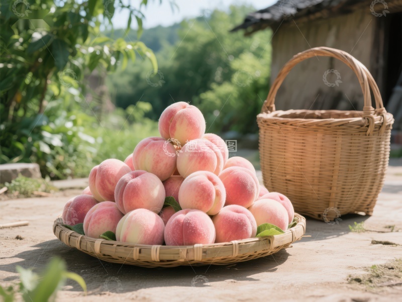 高清大图下载【趣麦麦图】新鲜桃子堆放在竹篮中
