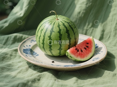 盘中西瓜与切片，绿布背景