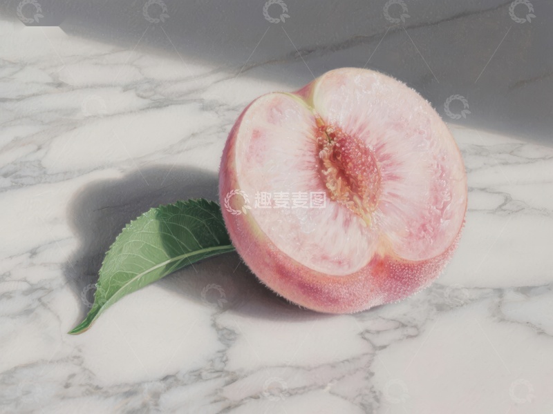 高清大图下载【趣麦麦图】切开的桃子，置于大理石台面