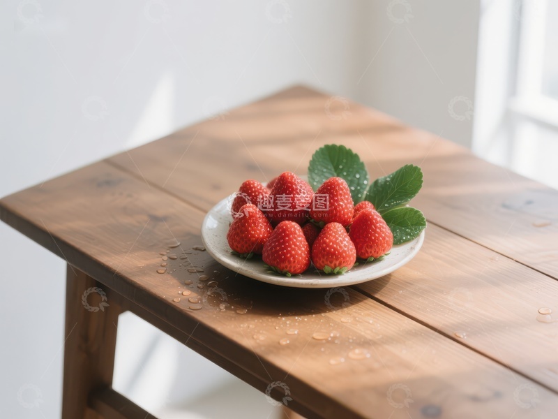 高清大图下载【趣麦麦图】新鲜草莓置于木质桌上的白色盘中