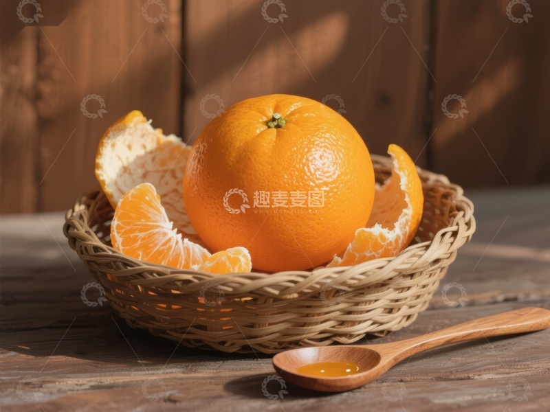 高清大图下载【趣麦麦图】橙子与果皮置于编织篮中