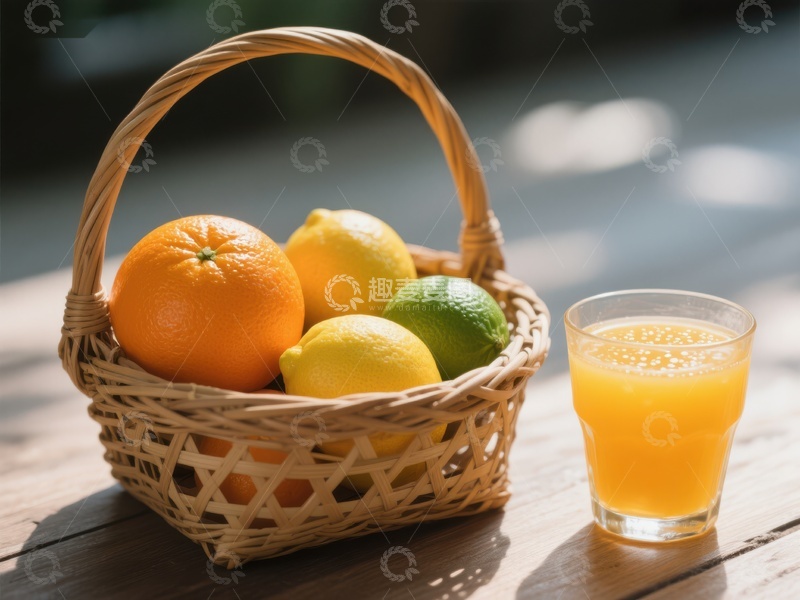高清大图下载【趣麦麦图】篮中柑橘与一杯果汁