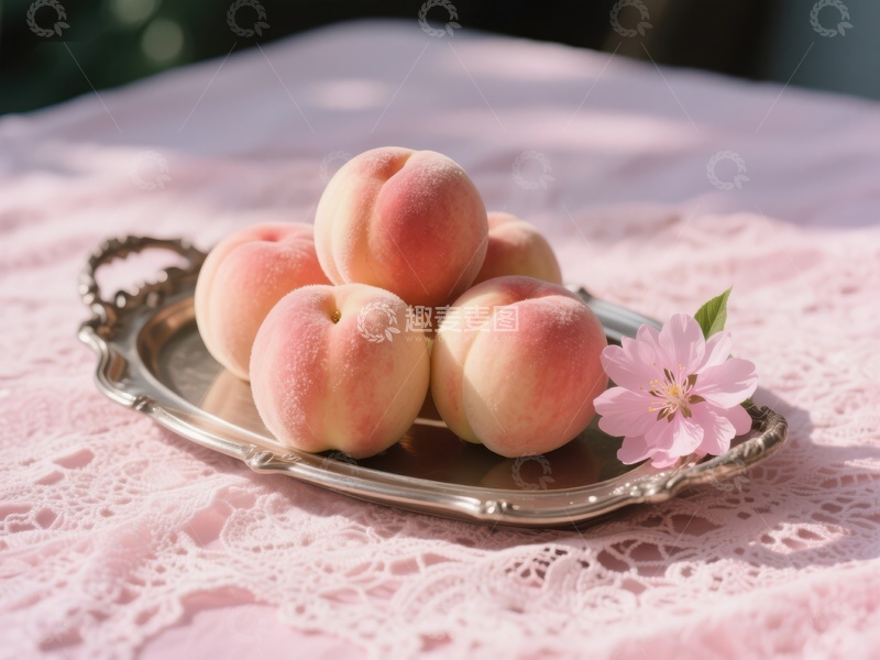 高清大图下载【趣麦麦图】盘中桃子与粉色花朵