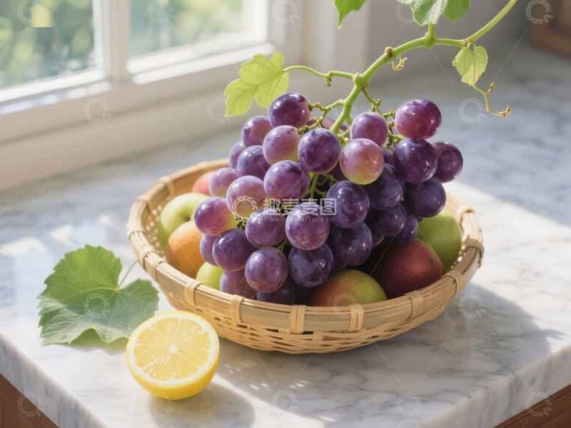 高清大图下载【趣麦麦图】篮中紫葡萄与水果的静物组合