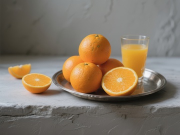 新鲜橙子与橙汁的静物组合