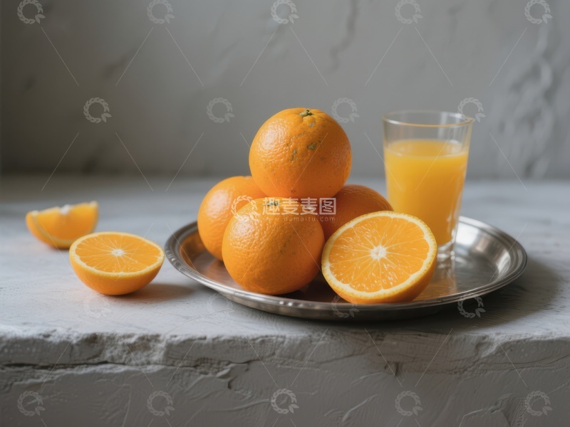 高清大图下载【趣麦麦图】新鲜橙子与橙汁的静物组合