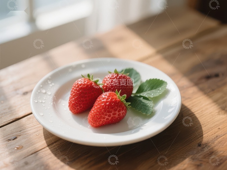 盘中三颗草莓，阳光洒落木质桌面