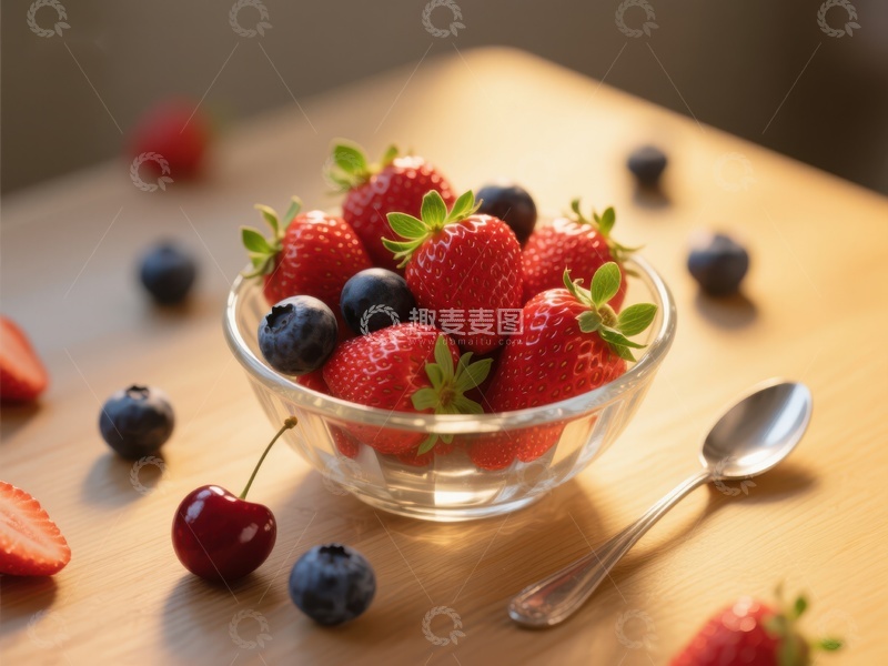 高清大图下载【趣麦麦图】新鲜草莓蓝莓樱桃玻璃碗