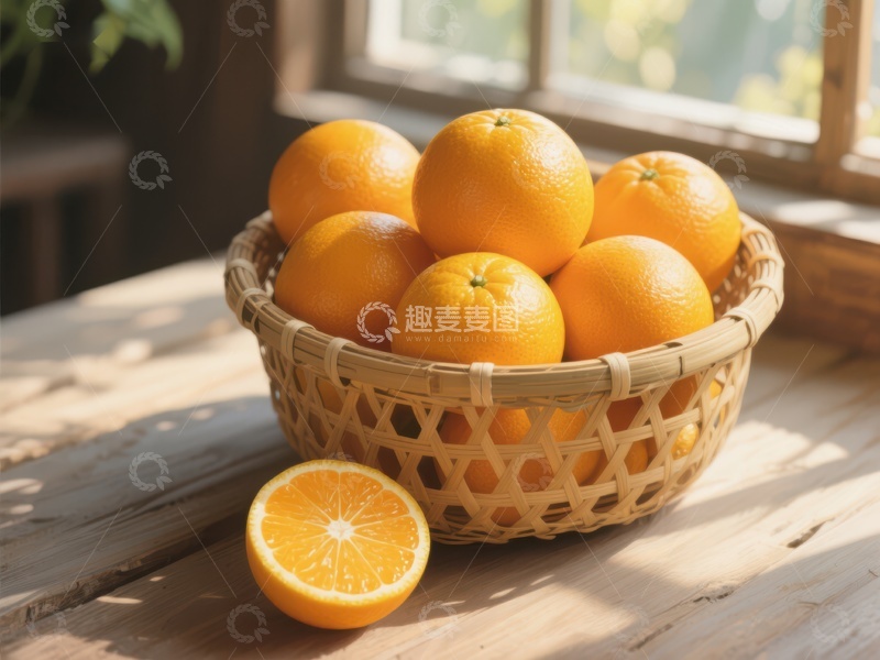 高清大图下载【趣麦麦图】竹篮中的新鲜橙子