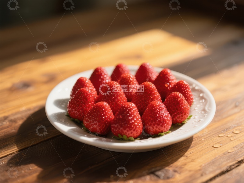 高清大图下载【趣麦麦图】新鲜草莓整齐摆放在白色盘中