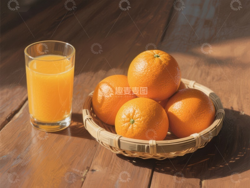 高清大图下载【趣麦麦图】新鲜橙子与橙汁，阳光下的美味