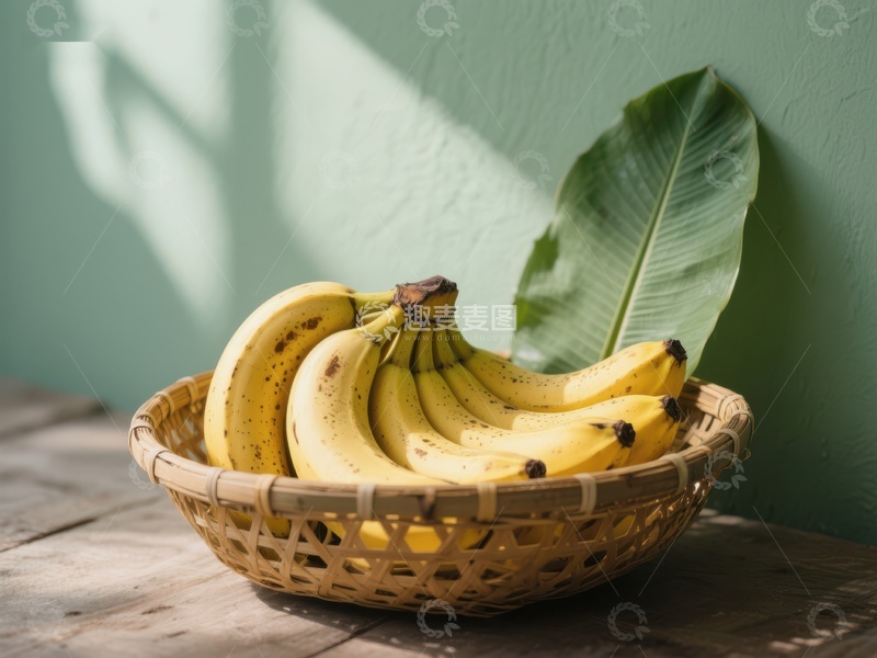高清大图下载【趣麦麦图】竹篮中的香蕉与绿叶