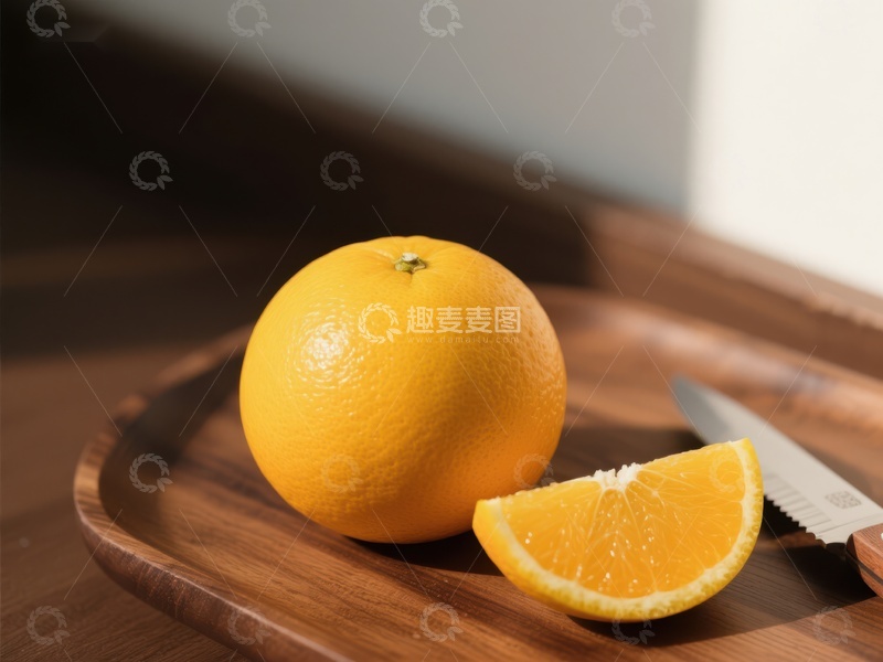 高清大图下载【趣麦麦图】新鲜橙子与切片置于木质托盘