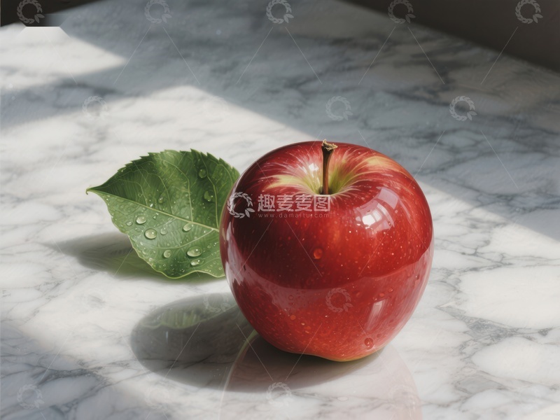 高清大图下载【趣麦麦图】红苹果与绿叶在大理石上的静物