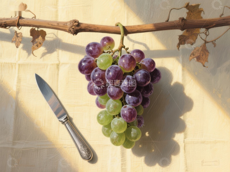 高清大图下载【趣麦麦图】葡萄串与刀具的静物组合