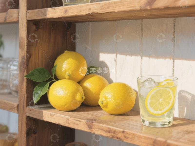 高清大图下载【趣麦麦图】柠檬与柠檬水置于木质架子上
