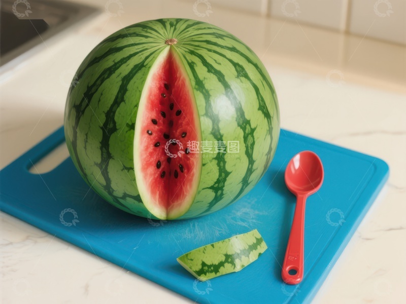 高清大图下载【趣麦麦图】切开的西瓜与勺子置于蓝色砧板上