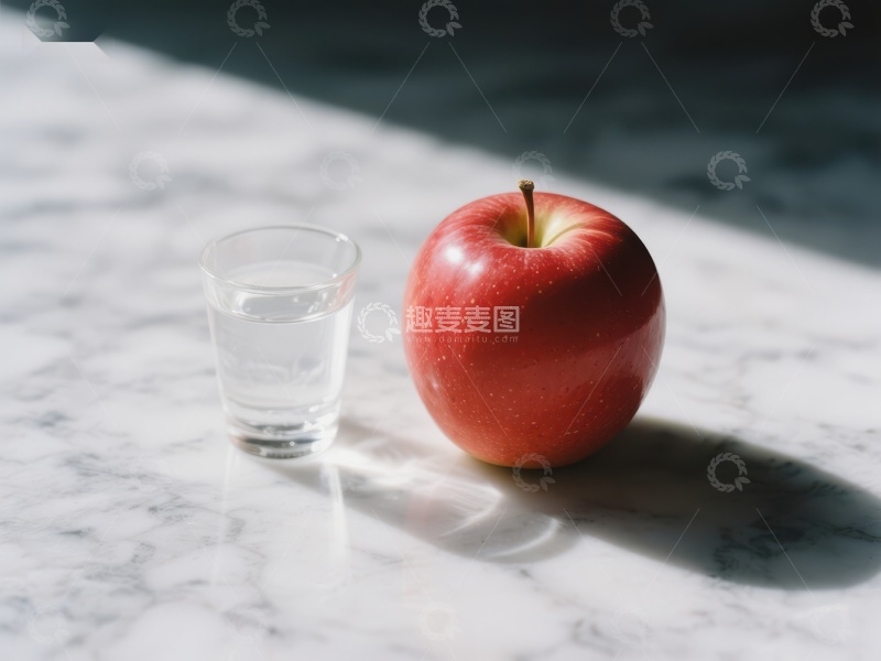 高清大图下载【趣麦麦图】红苹果与清水杯静置大理石台面
