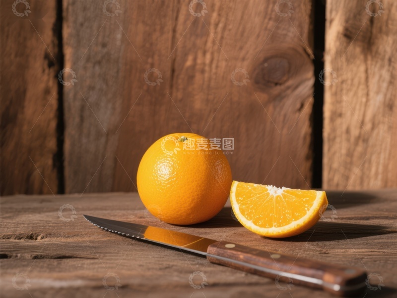 高清大图下载【趣麦麦图】橙子与刀具在木质背景上的静物
