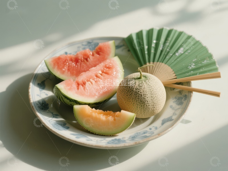 高清大图下载【趣麦麦图】夏日水果盘：西瓜与哈密瓜