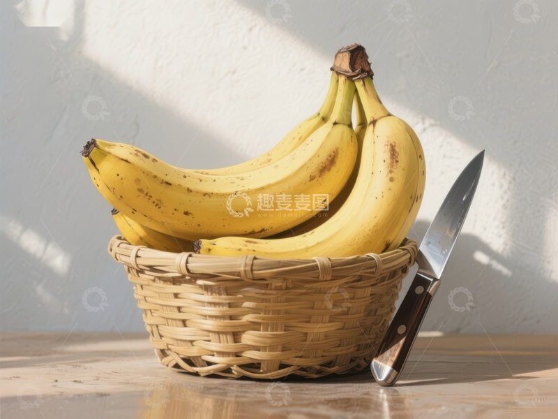 高清大图下载【趣麦麦图】篮子里的香蕉与刀具