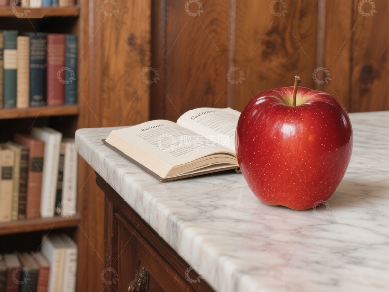 高清大图下载【趣麦麦图】书桌上的红苹果与打开的书