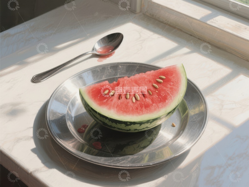 高清大图下载【趣麦麦图】切片西瓜置于金属盘中，阳光洒落